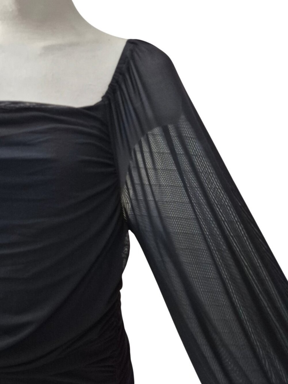 MEROKEETY Square Neck Lantern Long Sleeve Mesh Ruched Bodycon Clubwear Dress L - Picture 8 of 16